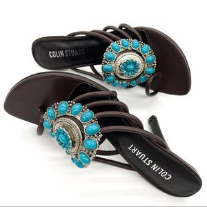 Colin Stuart Turquoise Stone Embellished Floral Concho Western Heeled Sandals